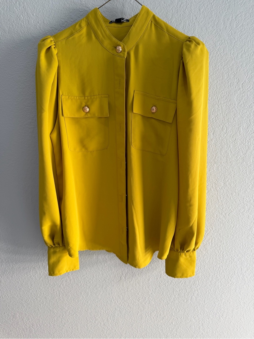 Express Mustard Button-Front Long-Sleeve Blouse with Pocket Flaps